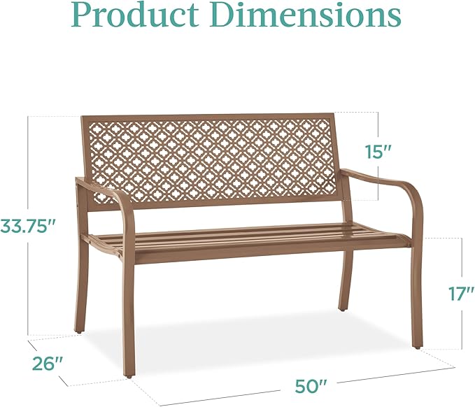 Best Choice Products Outdoor Bench 2-Person Metal Steel Benches Furniture for Garden, Patio, Porch, Entryway w/Geometric Backrest, 790lb Capacity - Taupe