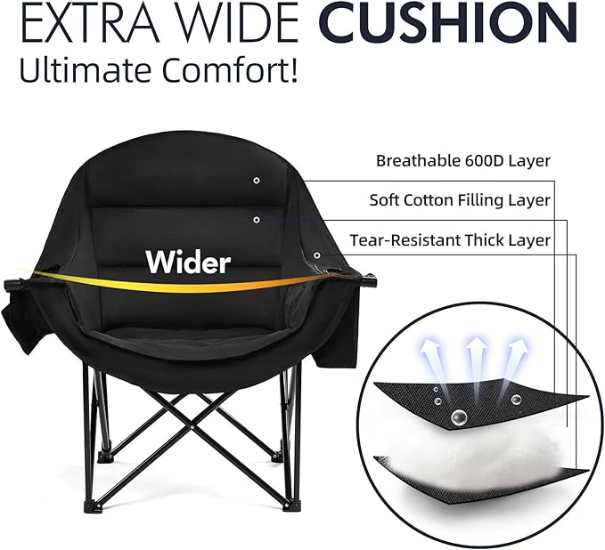 Oversized Camping Chair for Adults - Heavy Duty Outdoor Padded Large Lawn Camp Chair with Cup Holder Cooler Pockets for Sports Beach Fishing Garden Portable Supports 500lbs, AllBlack 2 Pack