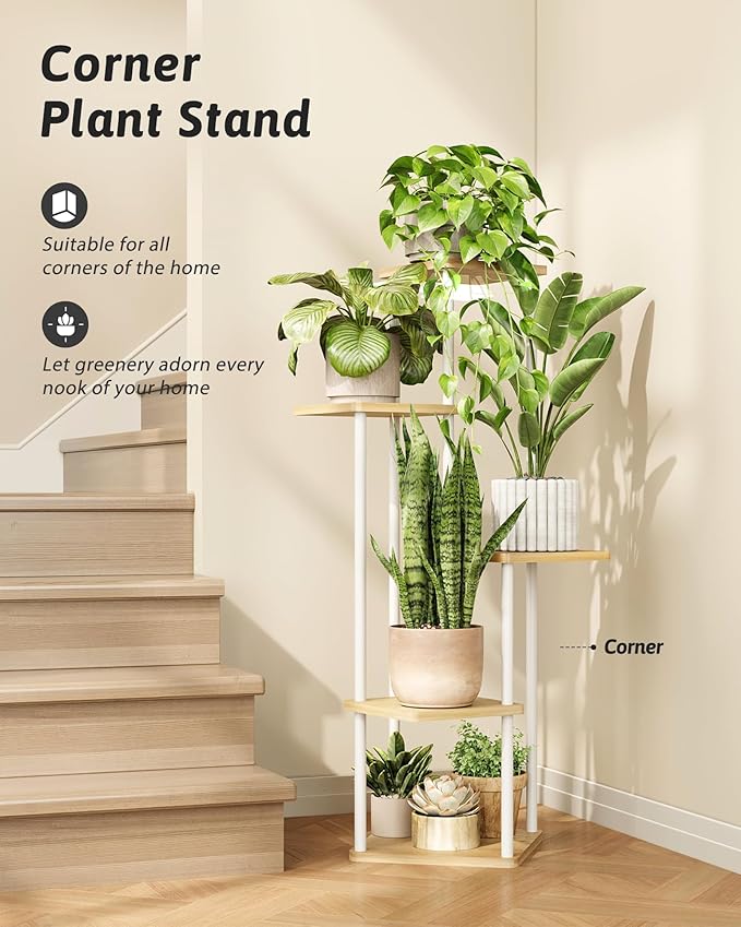 Tall Plant Stand Indoor 5 Tiered Plant Shelf for Multiple Plants Coner Shelf Stand Wood Plant Stand Metal Shelving for Living Room Bedroom Balcony Patio White