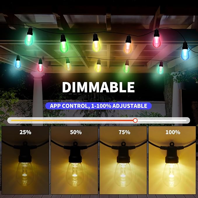 Outdoor String Lights 75FT, Outdoor Lights for Patio with 30 Dimmable RGBW LED Bulbs, IP66 Waterproof Shatterproof, with APP Control & Remote, 24V Adapter Color Change,for Backyard Decor