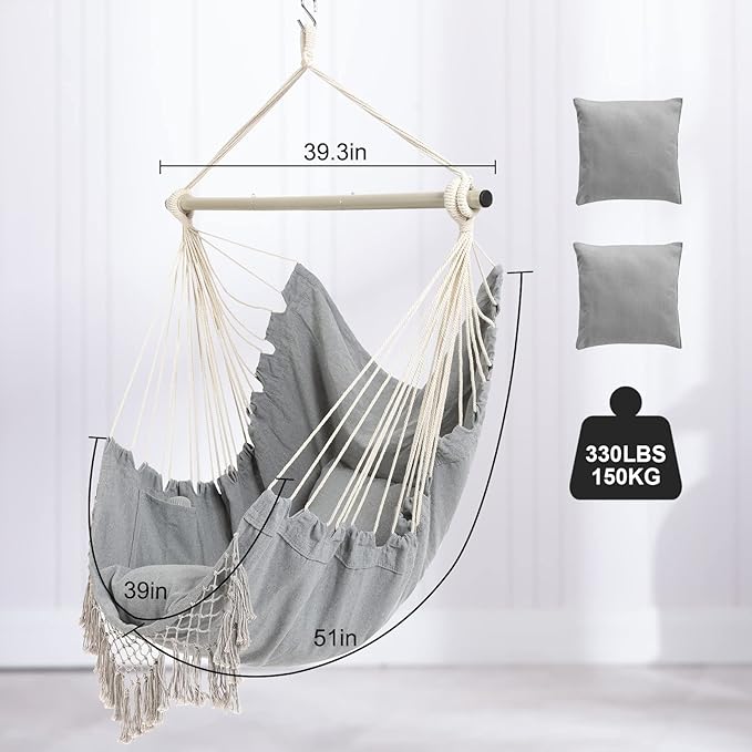 Hammock Chair, Hanging Rope Swing Seat with 2 Cushions,Macrame Hanging Chair Side Pocket with High Load-Bearing Metal Rod,for Indoor, Outdoor, Extra Comfortable