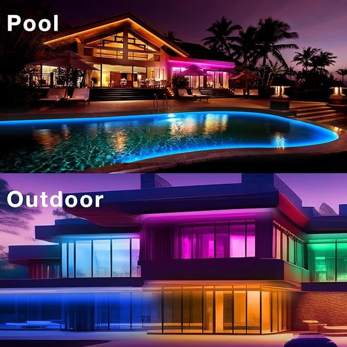 Outdoor LED Strip Lights Waterproof 100ft, IP67 Waterproof LED Light Strips with Remote, Music Sync APP Control, RGB Color Changing LED Lights for Eaves, Roof, Pool, Patio, Outdoor Decorations