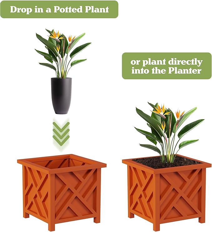 Pure Garden Lattice Design Planter Box 2-Pack – 14.75-Inch Decorative Outdoor Flower or Plant Pots – Front Porch or Patio Decor (Terracotta)