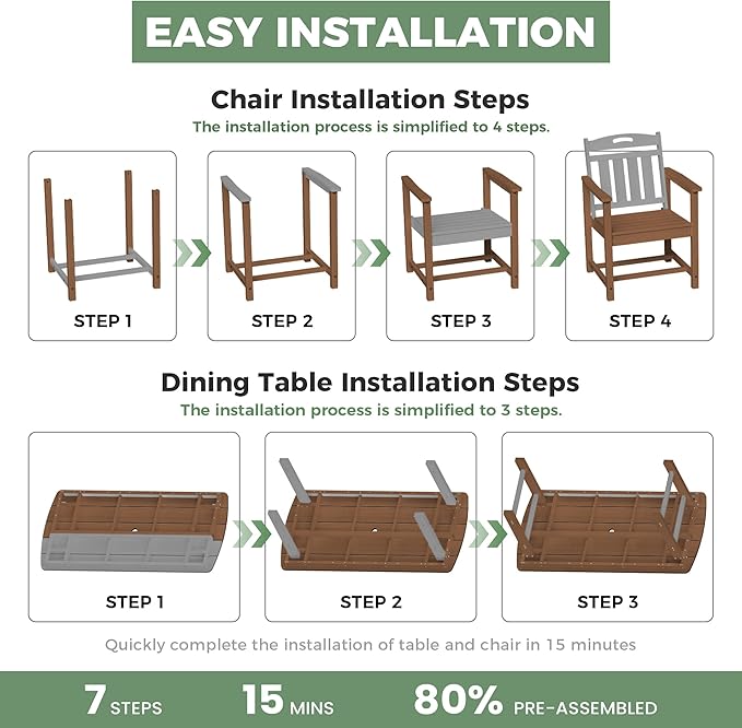 HDPE Outdoor Dining Set, Patio Table and Chairs Set, All-Weather 7-Piece Outside Table and 6 Chairs, 2" Umbrella Hole, Outdoor Furniture for Garden, Poolside, Backyard, Deck | Teak