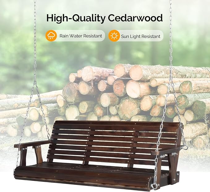VINGLI Heavy Duty 880 LBS Patio Porch Swing Outdoor PU Painting, Hanging Chair with Adjustable Secure Chains, Finished Outdoor Bench Tree Swing for Yard | Garden | Lawn | Balcony (5 FT, Rustic)
