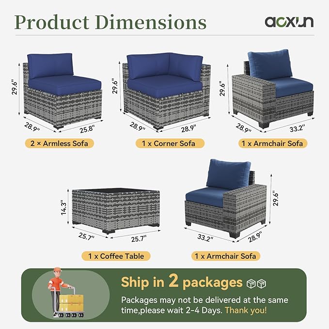Aoxun 6 Piece Patio Furniture Set with Wide Armrests Wicker Rattan Outdoor Sectional Sofa Set with Coffee Table and Thickened Cushions, Grey/Blue(Waterproof Cover Included)