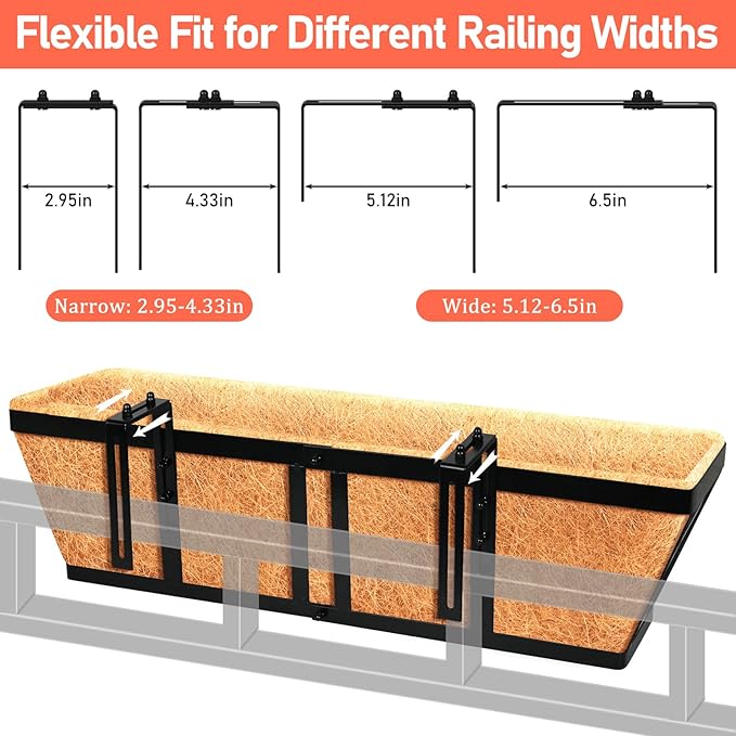 Riare 3 Pack 24 Inch Metal Railing Planter Window Box with Coco Liner- Adjustable Window Flower Boxes for Railings, Hanging Rail Planters for Deck, Balcony, Porch, Fence, Indoor Outdoor Plants