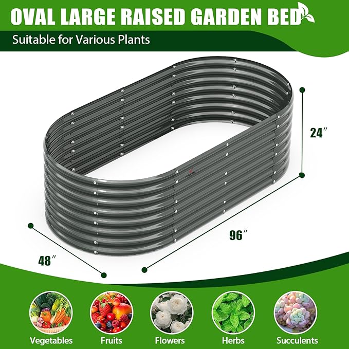 A ANLEOLIFE 8-Set 8X4X2 ft Galvanized Raised Garden Bed Kit, Oval Metal Deep Root Planters for Outdoor Plants, Quartz Grey