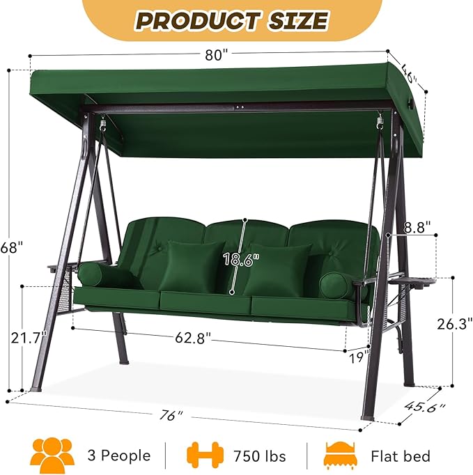 3 in 1 Outdoor Porch Swing with Canopy, 3 Seat Outdoor Swing for Adults, Patio Swing Chair with Thickened Cushions,Pillows & Cup Holders for Backyard, Porch, Garden (Green)