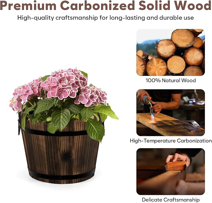Wooden Barrel Planters Flower Pots for Indoor Outdoor Plants, 10+11.5 inch Rustic Patio Garden Front Porch Planters Plant Pots Outdoor Decor Set of 2