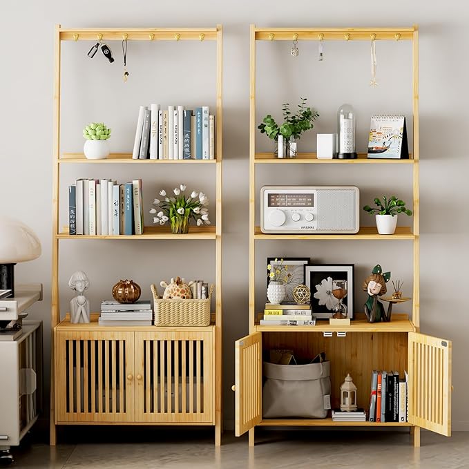 Bookcase with Drawers, 4-Tier Bamboo Bookshelf Ladder Shelf with 6 Hooks, Tall Narrow Book Shelf, 24.8"L x 10.6"W x 59.5"H, Standing Storage Organizer for Living Room, Home Office, Bedroom, Bathroom