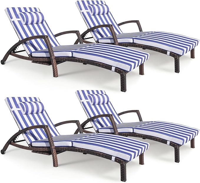 Chaise Lounge Chairs Outdoor Set of 4, Comfy Outside Wicker Patio Pool Lounge Chair w/ 5 Adjustable Back Angle, Cup Holder, Thicken Cushion