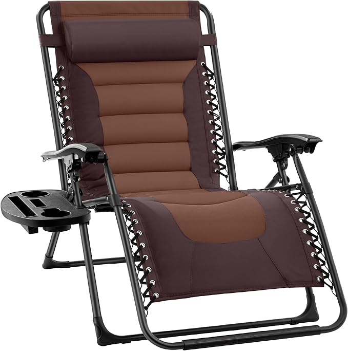 Best Choice Products Oversized Padded Zero Gravity Chair, Folding Outdoor Patio Recliner, XL Anti Gravity Lounger for Backyard w/Headrest, Cup Holder, Side Tray, Polyester Mesh - Espresso/Brown