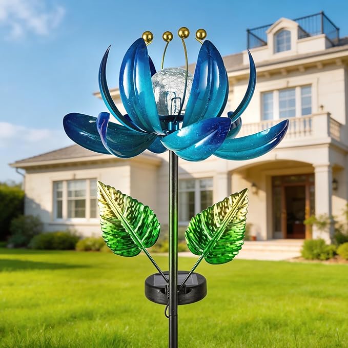 Solar Garden Lights Metal Flower Decor, Colorful Lotus Pathway Spinning Windmill with LED Cracked Crystal Ball Outdoor Decorative Stake Lighting Waterproof Flower Sculpture for Patio Yard