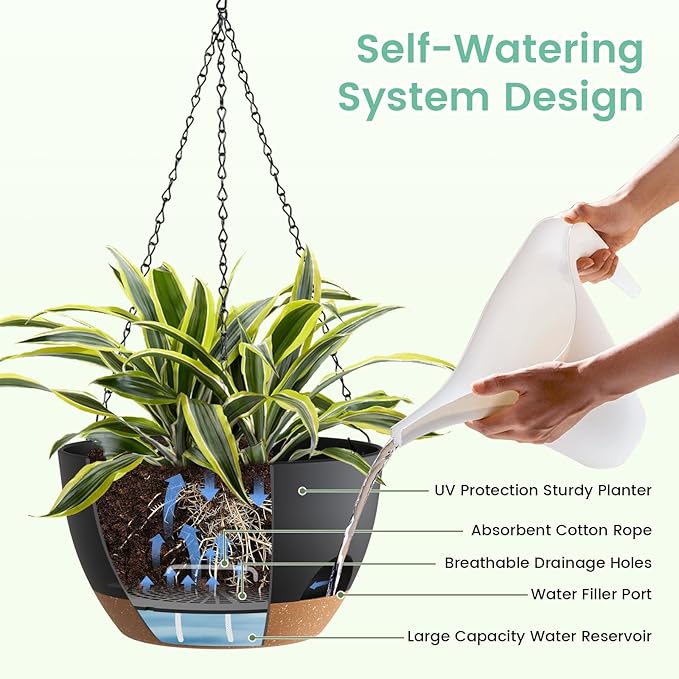 4 Pack 8 Inch Self Watering Hanging Planters for Indoor Outdoor Plants，Hanging Pots for Plants with Drainage Removable Tray, Hanging Baskets Flower Pots for Pothos Spider Garden Black with Brown