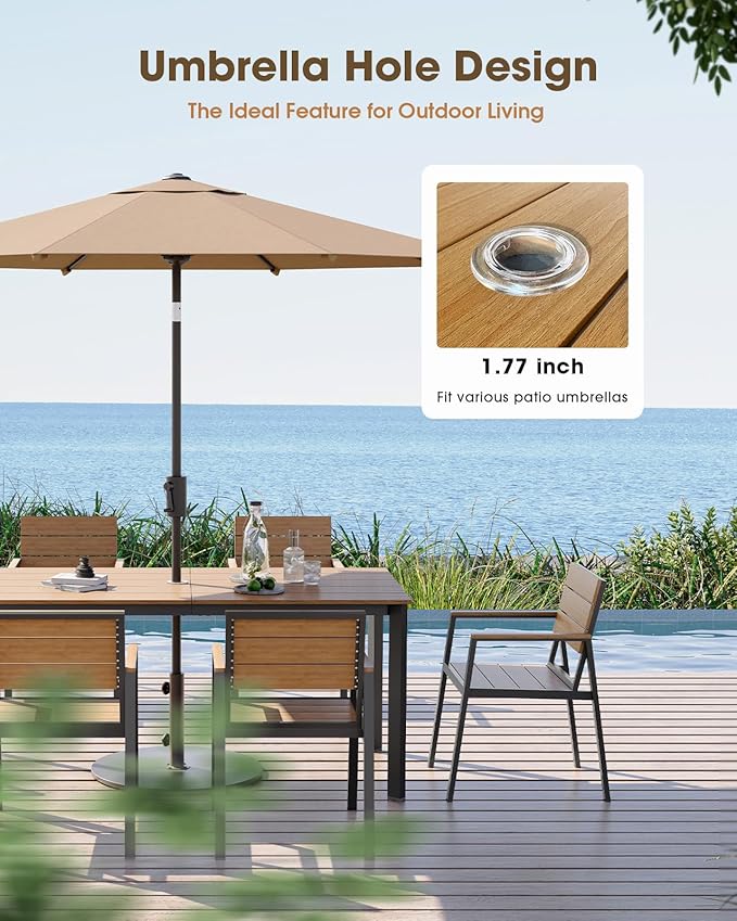 Outdoor Dining Set for 6, Aluminum Patio 7 Piece HDPS Luxury Outdoor Table and Chairs Set with Umbrella Hole, Modren Patio Furniture Set, All-Weather Patio Dining Set for 6, (Gray & Teak)