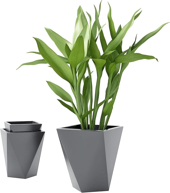 Outsunny Set of 3 Tall Planters, 18", 15.25", 11.75", MgO Indoor Outdoor Planters with Drainage Holes, Stackable Flower Pots for Garden, Patio, Balcony, Front Door, Gray