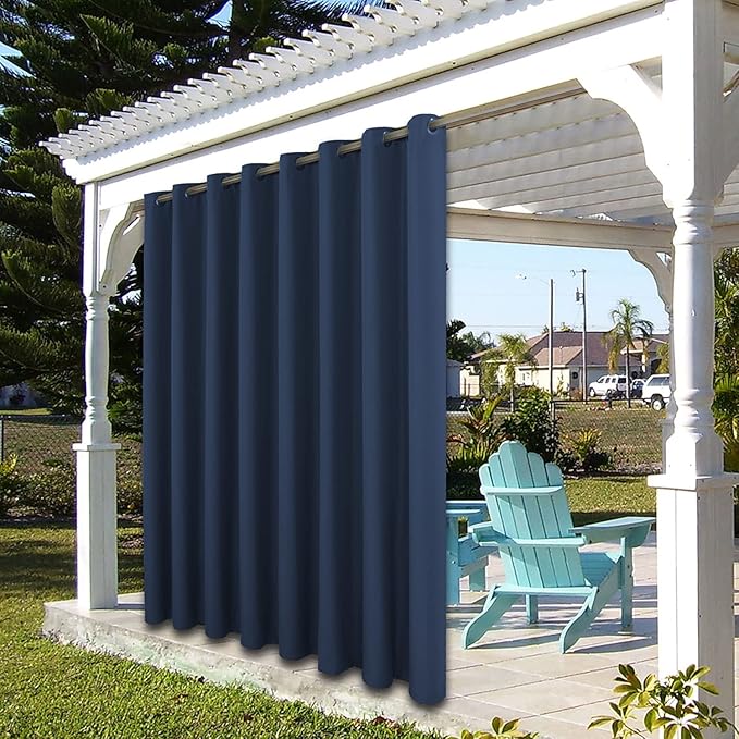 BONZER Wide Waterproof Outdoor Curtains for Patio Heavy Privacy Light Filtering Grommet Outside Curtains for Porch, Pergola, Gazebo, 1 Panel, 110W x 84L inch, Navy