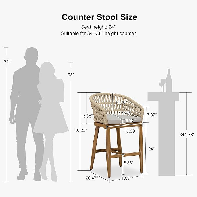 PURPLE LEAF Outdoor Rattan 24" Counter Height Bar Stools Chair Set of 2, Modern Upholstered Patio Bar Stool with Backrest for Indoor and Outdoor, Kitchen Island, Teak
