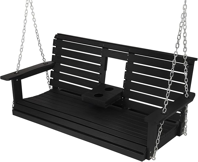 Poly Lumber 3-Seat Porch Swing, HIPS 5-Feet Bench Swing with Foldable Cup Holders,18/8 Stainless Steel Hardware, High Backrest and Deep Contoured Seat, Carbon Black