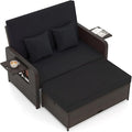 Tangkula Patio Rattan Daybed with 4-Level Adjustable Backrest, Outdoor PE Wicker Loveseat with Storage Ottoman & Folding Side Tray, Double Sunbed Lounger for Balcony, Backyard & Poolside, Black