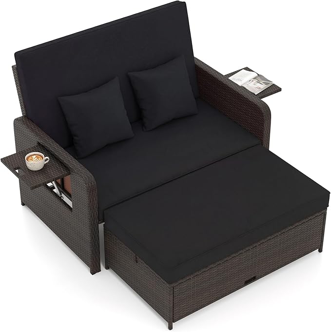 Tangkula Patio Rattan Daybed with 4-Level Adjustable Backrest, Outdoor PE Wicker Loveseat with Storage Ottoman & Folding Side Tray, Double Sunbed Lounger for Balcony, Backyard & Poolside, Black