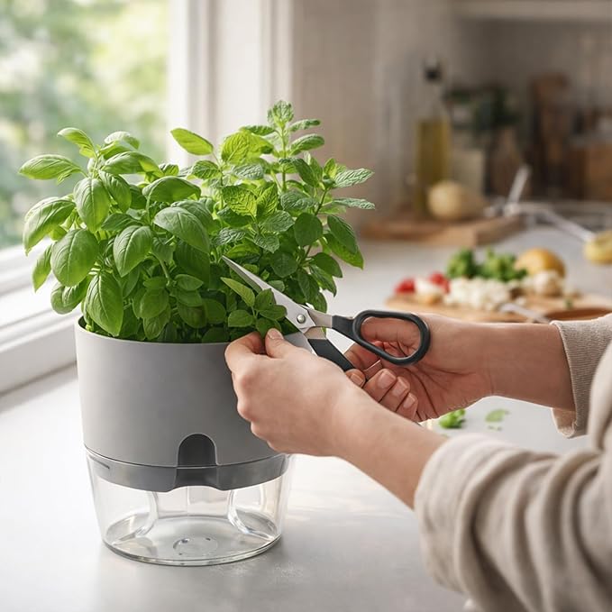 Planterhoma 5 Pack Self Watering Pots for Indoor Plants, 9 Inch Plant Pot Plastic Self Watering Planter for Orchid, Monstera, Lily, Large Clear Flower Pots with Drainage Holes and Wicking Rope, Gray