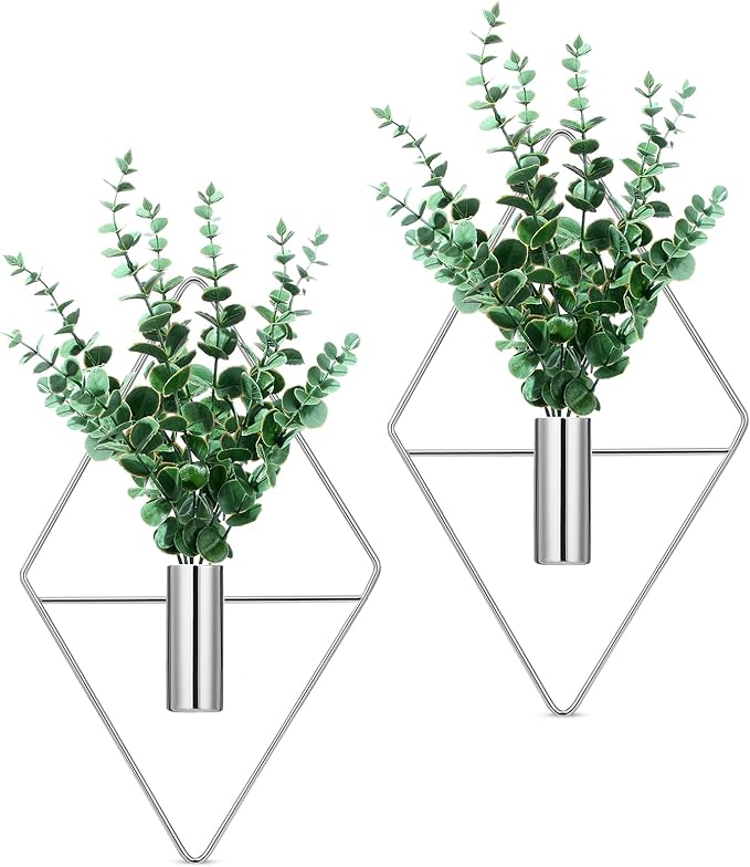 2 Pieces Wall Decor Hanging Planters with Artificial Plants Metal Hanging Vase Indoor Plants Holder Modern Boho Wall Art for Bathroom Bedroom Living Room Decor(Silver, Eucalyptus)