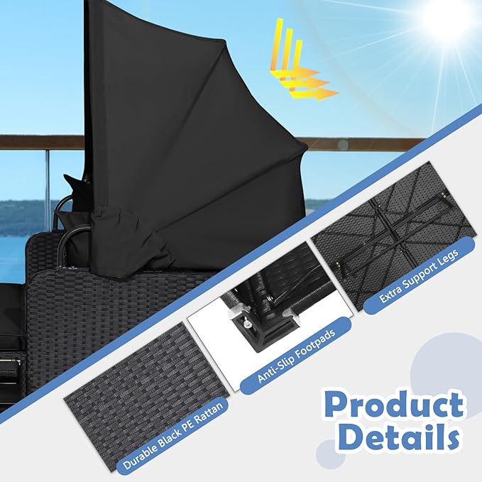 Tangkula Patio Rattan Daybed with Retractable Canopy, Outdoor Wicker Sunbed Lounger with 2 Foldable Side Tables, Thick Seat & Back Cushions, Outside Double Daybed for Garden, Backyard, Porch (Black)