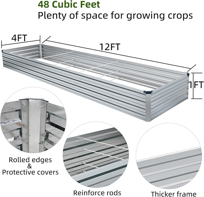 2 Pack 12x4x1FT Galvanized Raised Garden Bed Kit, Outdoor Metal Planter Box for Vegetables, Bottomless Rectangular Gardening Bed with Support Rods, Tool-Free Assembly, Silver