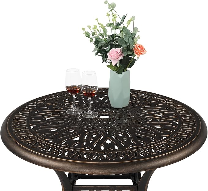 VINGLI 35.4' Dia Patio Dining Table with Umbrella Hole, Cast Aluminum Bistro Table for Outdoor Garden Use (35.4' Dia x 29.5' H)