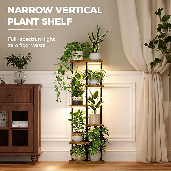 Bamworld Plant Shelf with Grow Light for Indoor Plants Corner 6 Tier Metal Plant Stand Wood Flower Stand for Home Living Room Decor Patio Decor
