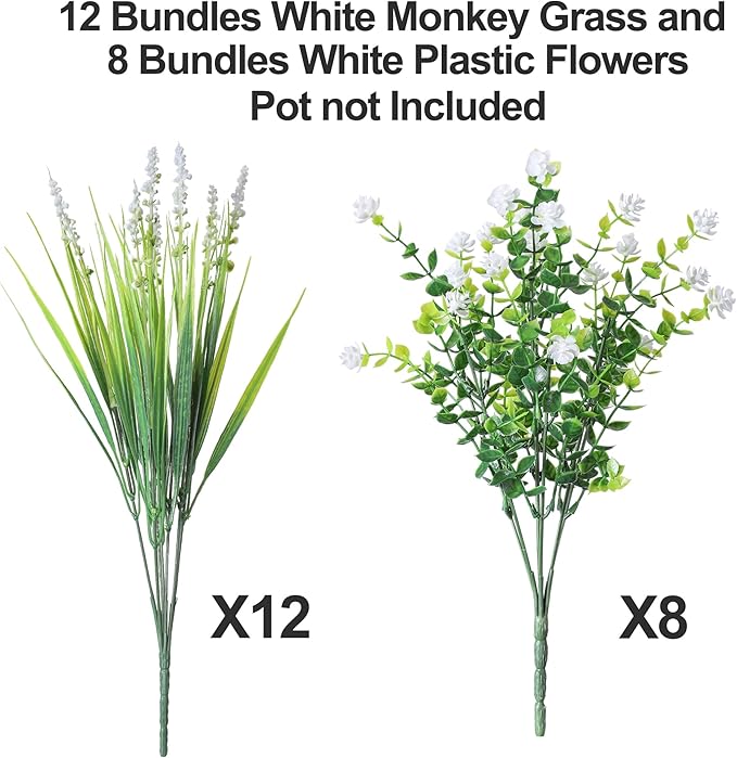 HyeFlora 20 Bundles Artificial Fake Outdoor Plants Flowers for Spring Decoration, UV Resistant Realistic White Plastic Flowers Faux Plant Monkey Grass for Planter Home Garden Porch Patio Window Box