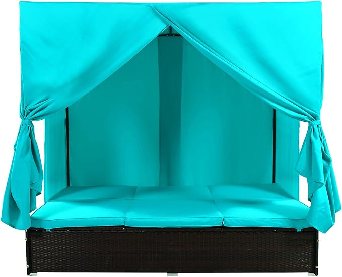 Patio Chaise Lounge, PE Rattan Outdoor Patio Wicker Sunbed Daybed with Adjustable Seats, Four-sided Canopy, Overhead Curtain and Blue Cushions for Backyard, Garden, Poolside (for 2-6 people)