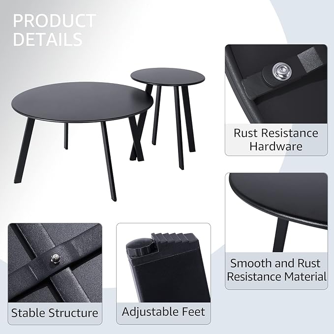 Patio Outdoor Coffee Table Set of 2 - Weather Resistant Outdoor Round End Table Modern Coffee Tables for Living Room Balcony Home Office (Black)