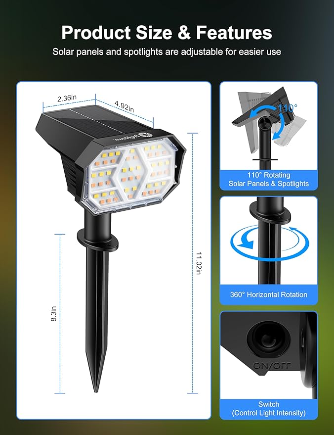 Brightown 4Pack Solar Spot Lights Outdoor [Cool & Warm Light 2-in-1], IP67 Solar Lights Outdoor Waterproof with 1800mAh, Two Mounting Methods Outdoor Solar Lights for Yard, Garden and Pathway