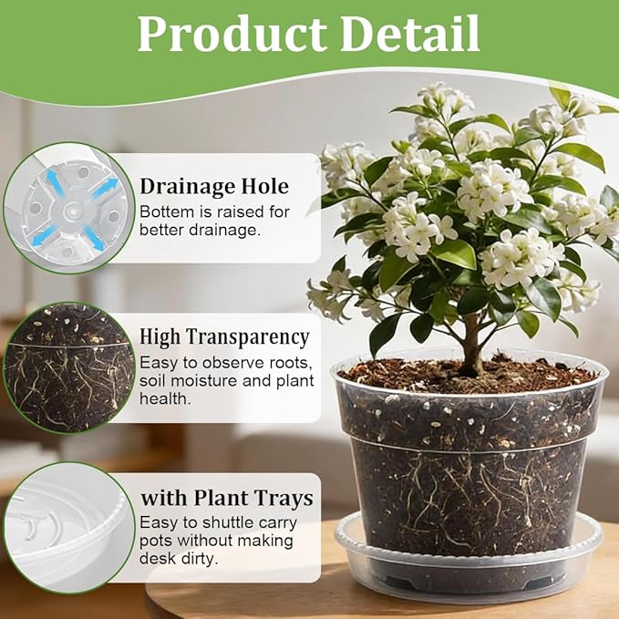 15 Pack 8/7/6 Inch Clear Nursery Pots with Saucer, Transparent Plastic Plant Pot with Drainage Hole, Sturdy Planting Starter Pots for Gardening Flower Herb Vegetable