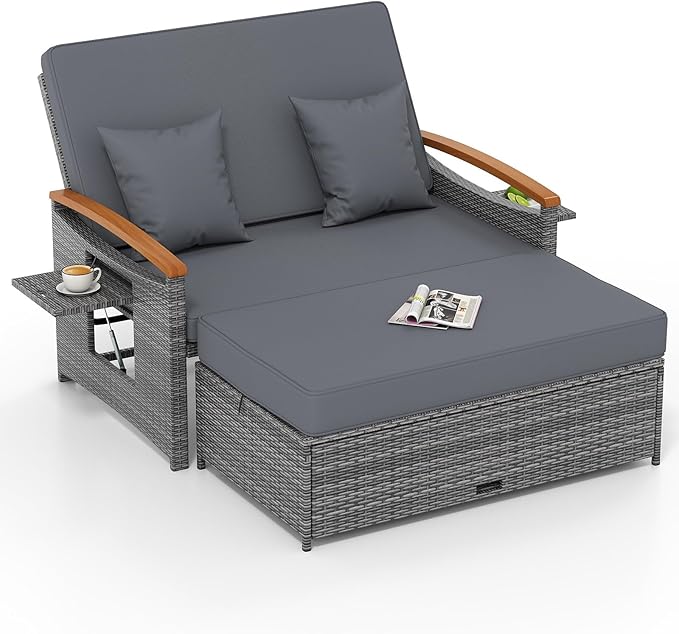 Tangkula Patio Rattan Daybed with 4-Level Adjustable Backrest, Outdoor Wicker Loveseat with Acacia Wood Armrest, Storage Ottoman & Folding Tray, Double Sunbed for Balcony, Backyard & Poolside (Grey)