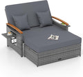 Tangkula Patio Rattan Daybed with 4-Level Adjustable Backrest, Outdoor Wicker Loveseat with Acacia Wood Armrest, Storage Ottoman & Folding Tray, Double Sunbed for Balcony, Backyard & Poolside (Grey)