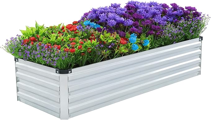 2 Pack 4x2x1FT Galvanized Raised Garden Bed Kit, Outdoor Metal Planter Box for Vegetables, Bottomless Rectangular Gardening Bed with Support Rods, Tool-Free Assembly, Silver
