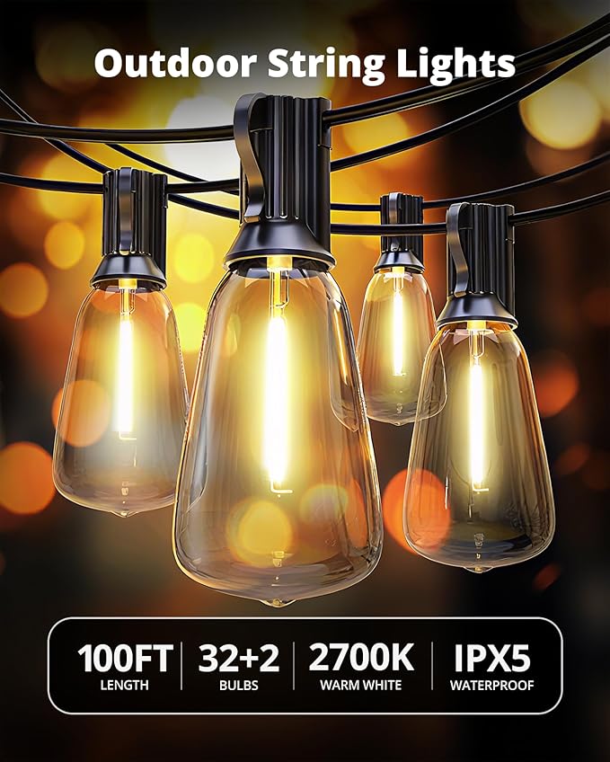 VIPAR LED Outdoor String Lights, 100FT Patio Lights with 32 Edison Shatterproof Bulbs, IPX5 Waterproof Outside Hanging Light Connectable for Backyard Porch Balcony Garden Deck Decor, E12 Base, Black