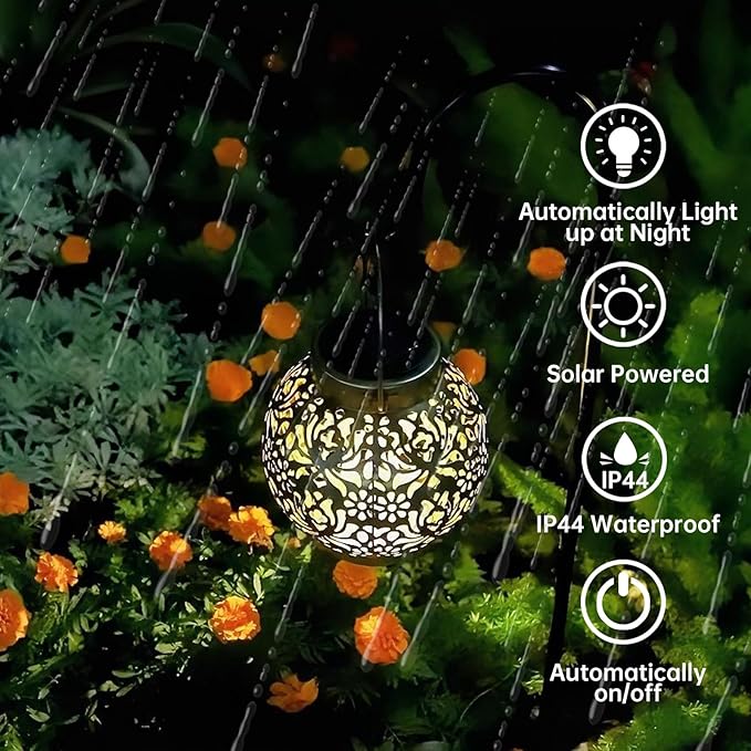 2 Pack Outdoor Solar Hanging Lantern Lights Metal LED Decorative Lamp for Garden Patio Courtyard Lawn and Table with Hollowed-Out Design (Antique Bronze)