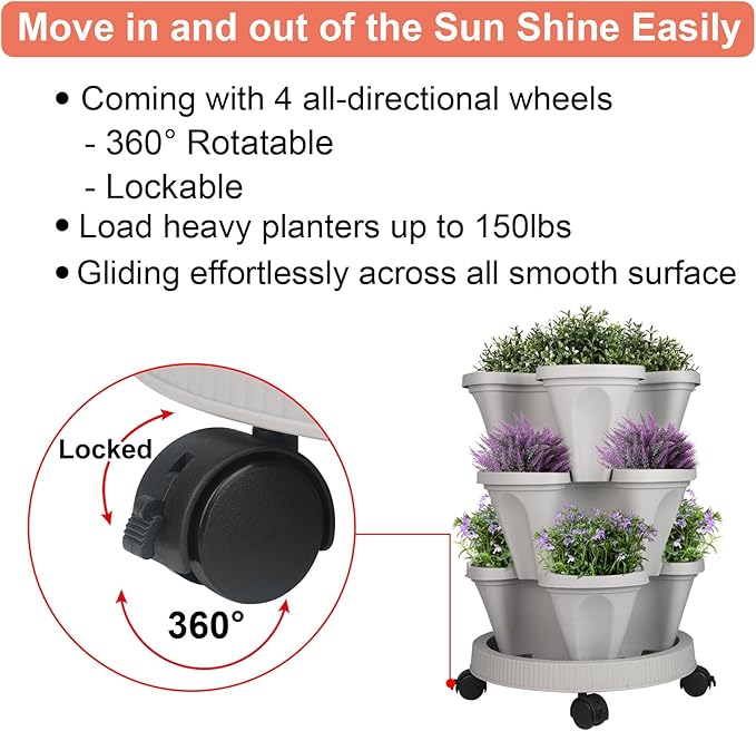 GameXcel Vertical Planter 3 Tier Stackable Planters Garden Planters Strawberry Herb Flower and Vegetable Planter Indoor Outdoor Gardening Pots with Removable Wheels and Tools