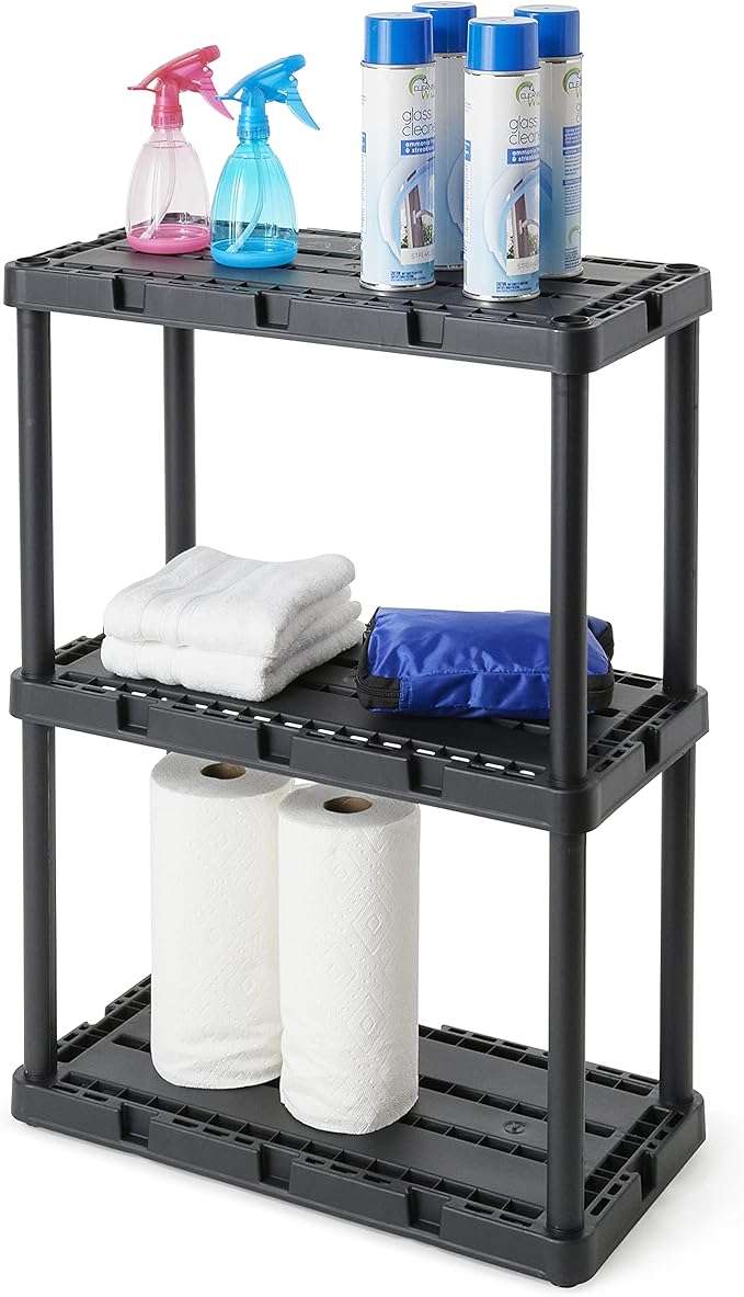 Gracious Living 3 Pack Light Duty Storage Shelves, Knect-A-Shelf 3-Shelf Ventilated Shelving Rack Organizer for Home, Garage, Basement, Laundry, Black