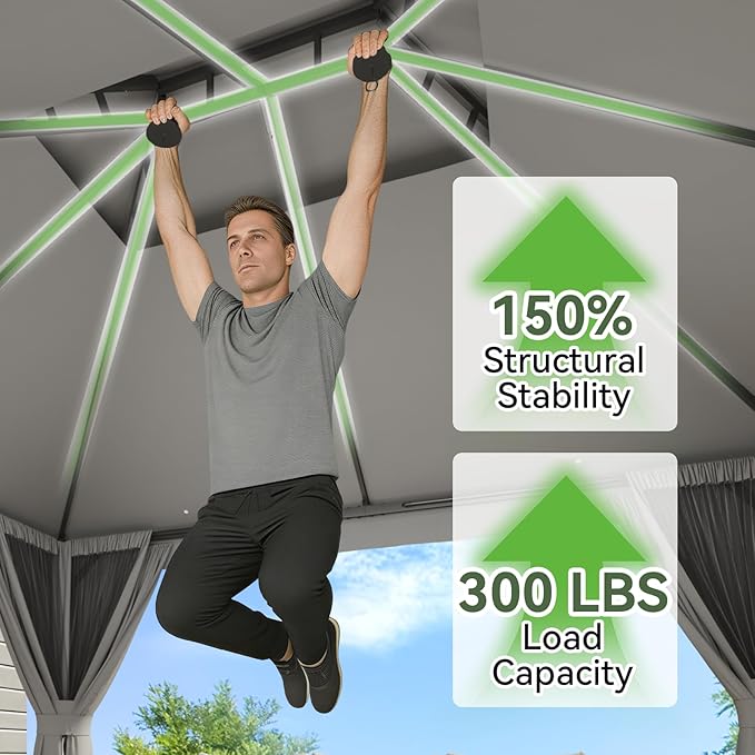Aoxun Outdoor Gazebo for Patio 10x12, Metal Frame Canopy with Double Roofs, Heavy Duty Party Tent and Shelter with Mosquito Netting and Privacy Screen for Backyard, Lawn, Garden, Deck