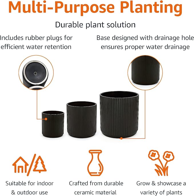 Amazon Basics Fluted Ceramic Round Planters with Drainage Hole, Indoor Outdoor Flower Pots, Assorted Sizes 6, 8, 10 inch, Set of 3, Black