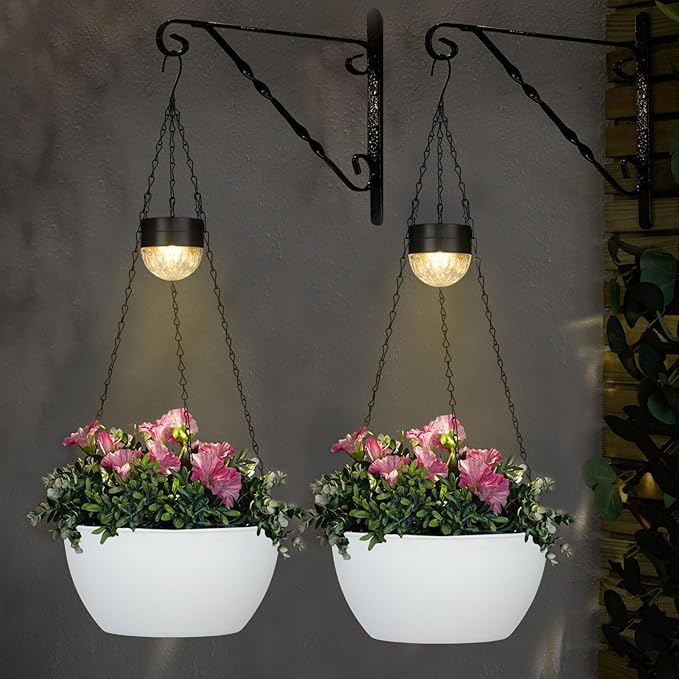SUNNYPARK 2 Packs Hanging Planters Basket for Outdoor Plants, Solar Powered Self Watering White Round Plastic Flower Pots with Drainer for Balcony Patio Garden Outdoor Decoration