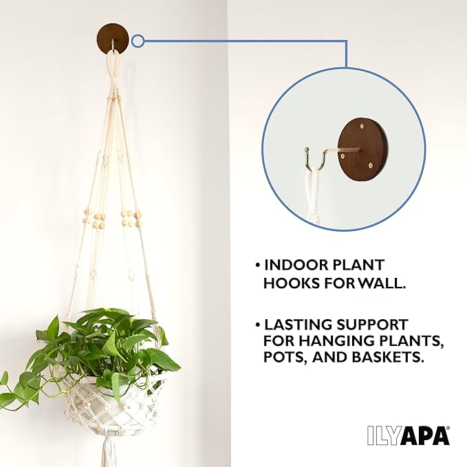 Ilyapa 3 Pack Metal Wall Plant Hangers - 5 Inch Plant Hanger for Indoor - Rustic Brass Finish Hooks for Hanging Plants, Baskets, and Macrame - Indoor Hangers for Plants, Lanterns or Wind Chimes