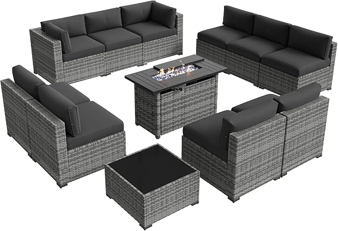 Aoxun Patio Furniture Sets, 12-Piece Outdoor Patio Furniture with 44'' Propane Gas Firepit Table, Wicker Outdoor Conversation Set Sectional Sofa for Backyard, Poolside, Garden