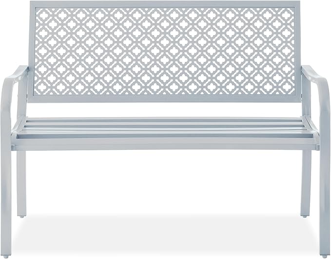 Best Choice Products Outdoor Bench 2-Person Metal Steel Benches Furniture for Garden, Patio, Porch, Entryway w/Geometric Backrest, 790lb Capacity - Light Gray